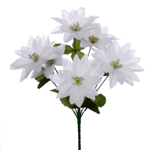 Poinsettia Bush (7 heads) 34cm (White/Silver)