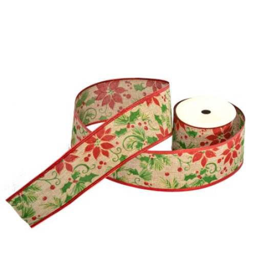 Ribbon Christmas Burlap Wired Edge Poinsettias (Natural/Red/Green) 63mm x 10yd - Roll