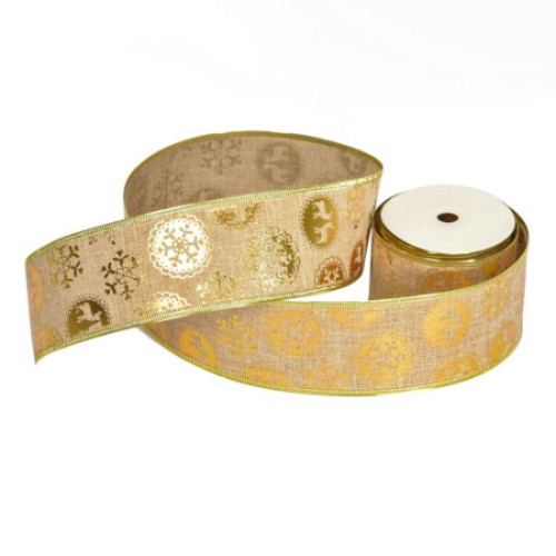 Ribbon Christmas Burlap Wired Edge Reindeer & Snowflake (Natural/Gold) 63mm x 10yd - Roll