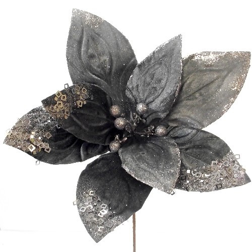 Poinsettia Single Velvet with Sequins 45cm (Grey/Silver) - Each