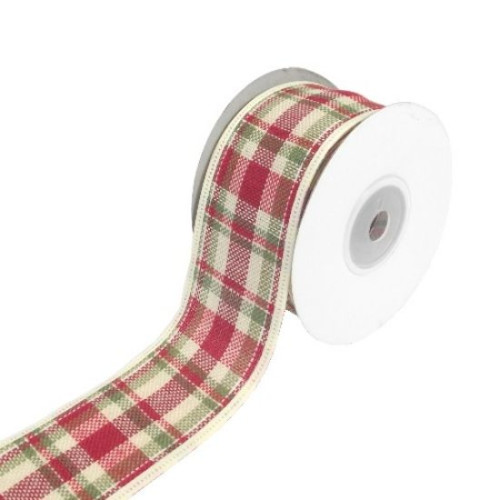 Ribbon Fabric Woven Edge Tartan (Cream/Red/Gold) 50mm x 10yd - Roll