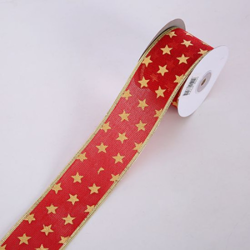 Ribbon Hessian Woven Edge with Stars (Red/Gold) 50mm x 10yd - Roll