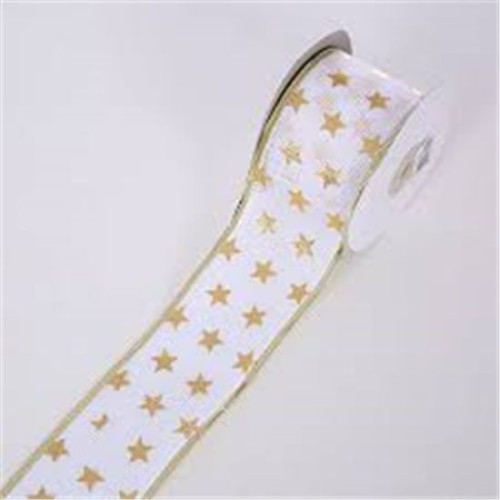 Ribbon Hessian Woven Edge with Stars (White/Gold) 50mm x 10yd - Roll