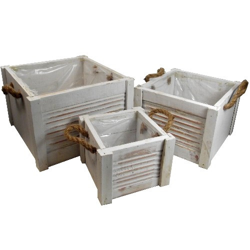 Wooden Square Planters with Rope Handles - Set of 3
