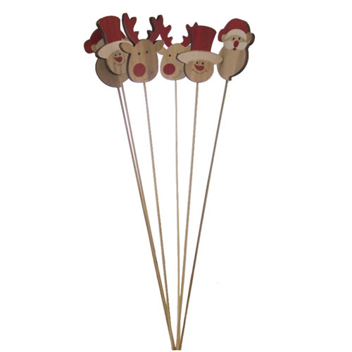 Wooden Christmas Characters on 50cm Wooden Stick (Natural/Red) (Assorted Pack of 6)