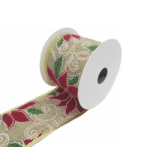 Ribbon Christmas Fabric Wired Edge 63mmx10yrds (Poinsettia Red/Green/Gold) - Each