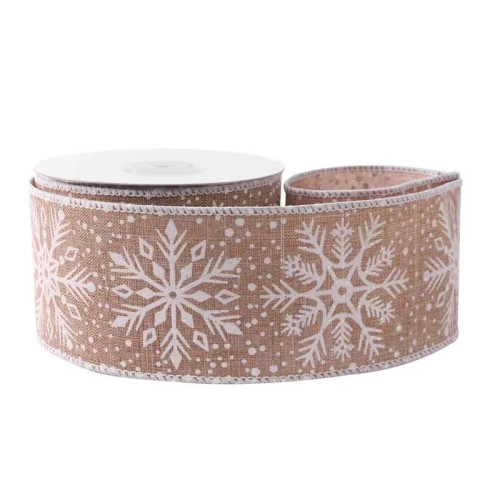 Ribbon Natural c/w Shiny White Snowflakes 63mm x 10yds (6/72) - Each
