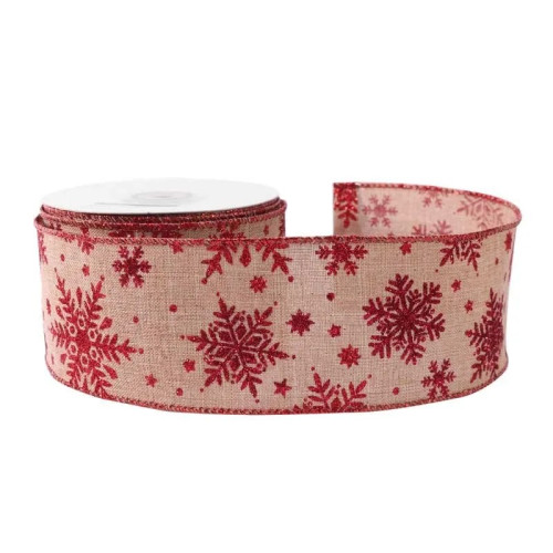 Ribbon Natural c/w Red Glitter Snowflakes 63mm x 10yds (6/72) - Each