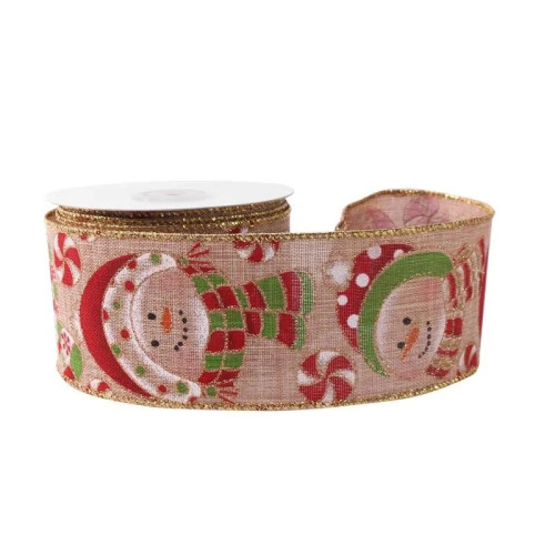 Ribbon Natural c/w Snowmen/Glitter 63mm x 10yds (6/72) - Each
