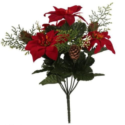 Christmas Bush with Poinsettias and Pine Cones 30cm (Red)