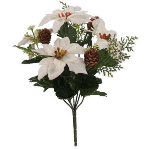 Christmas Bush with Poinsettias and Pine Cones 30cm (Ivory)