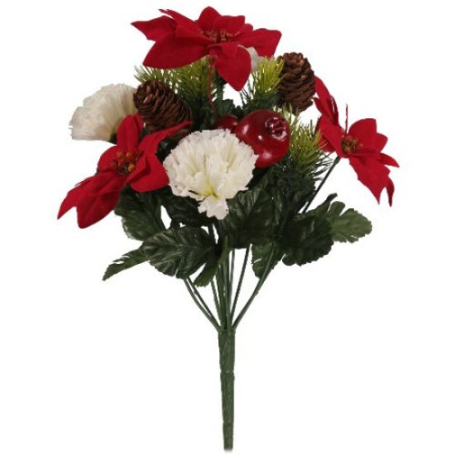 Christmas Bush with Poinsettias Carnations and Pine Cones 37cm (Red/Ivory)
