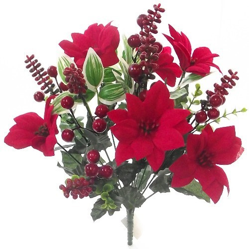 Poinsettia and Eucalyptus Many Berry Mixed Bush Velvet 40cm (Red)