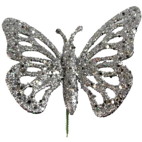 Plastic Butterfly Pick (Glittered Silver) - Each