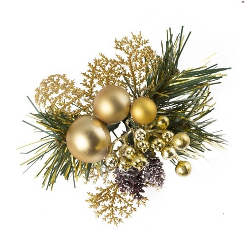[20] Christmas Pick Pine & Bauble (Gold) (Pack of 12)