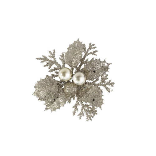 [23] Christmas Pick Glitter Holly with Baubles (Champagne) - Bag of 12