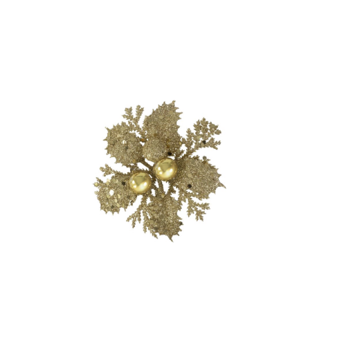 [33] Christmas Pick Glitter Holly with Baubles (Gold) - Bag of 12