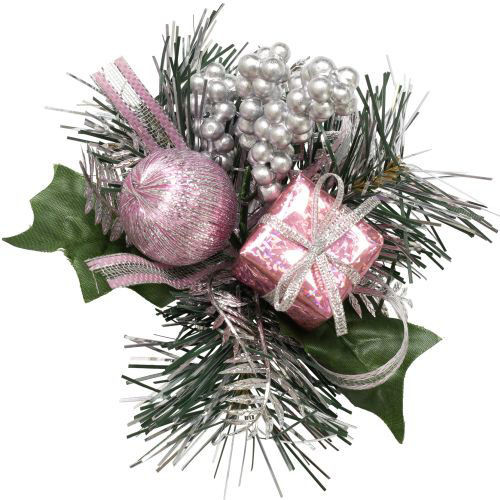 [36] Christmas Pick Pine and Fern/Silk Ball/Gift Box/Berries/Ribbon (Pink) - Pack of 12