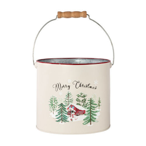 Tin Pail with Handle Merry Christmas Snow Scene 20cm (12/B) - Each