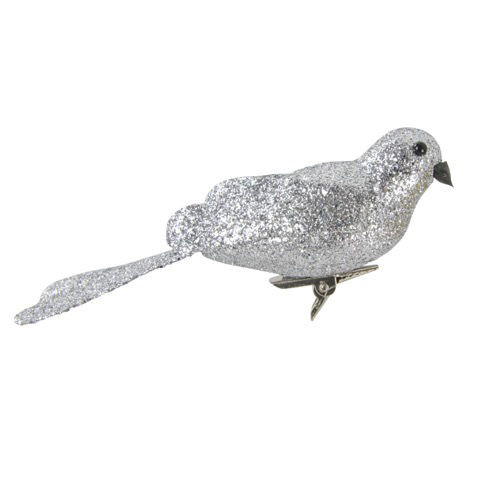 [24] Christmas Glitter Bird Clip On (Silver) - Pack of 12