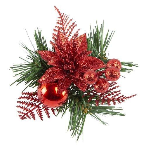 [18] Christmas Pick Fern With Glitter/Poinsettia Red (Pack of 12)